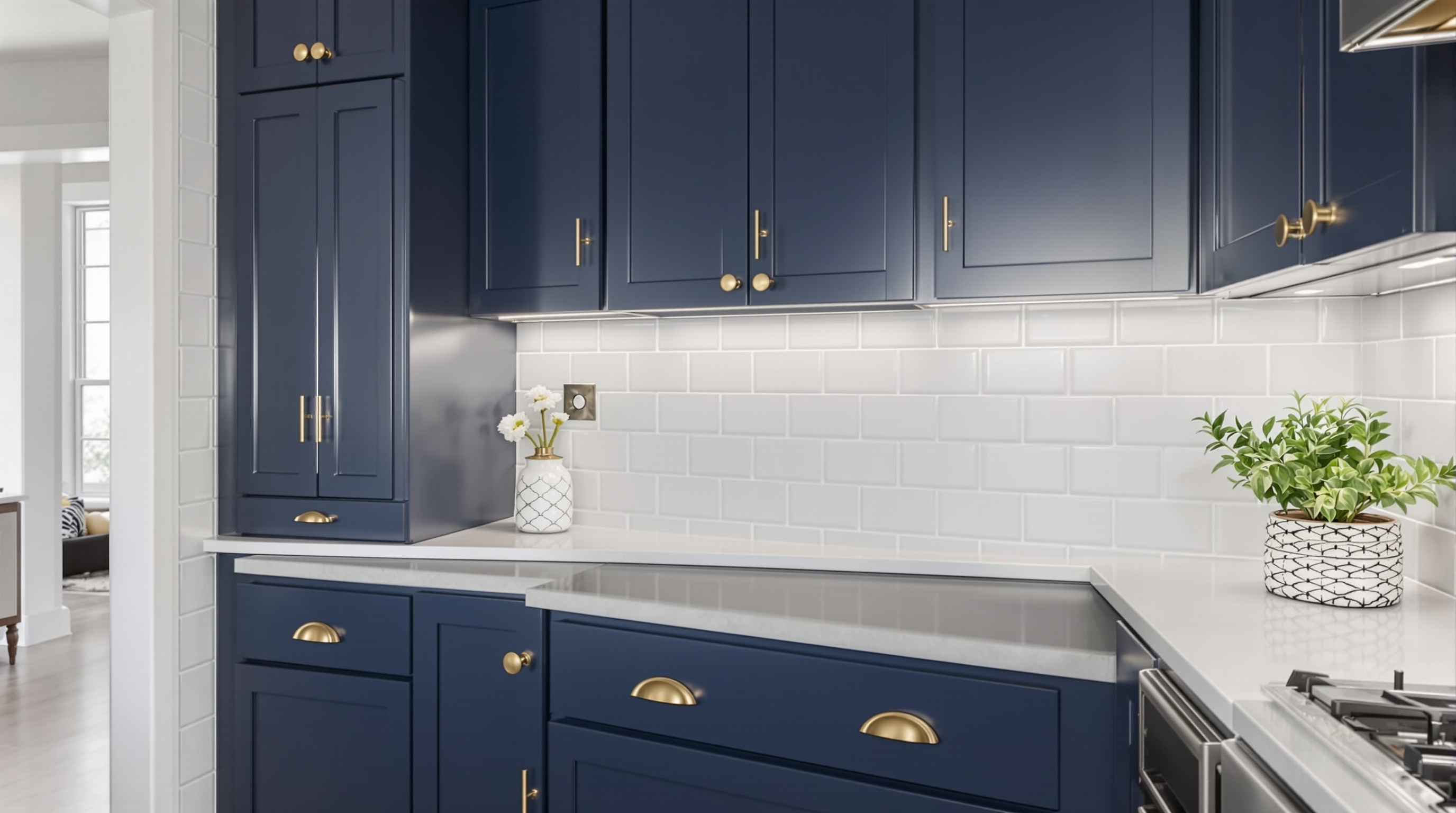 Modern white kitchen with quartz waterfall island and under-cabinet LED lighting